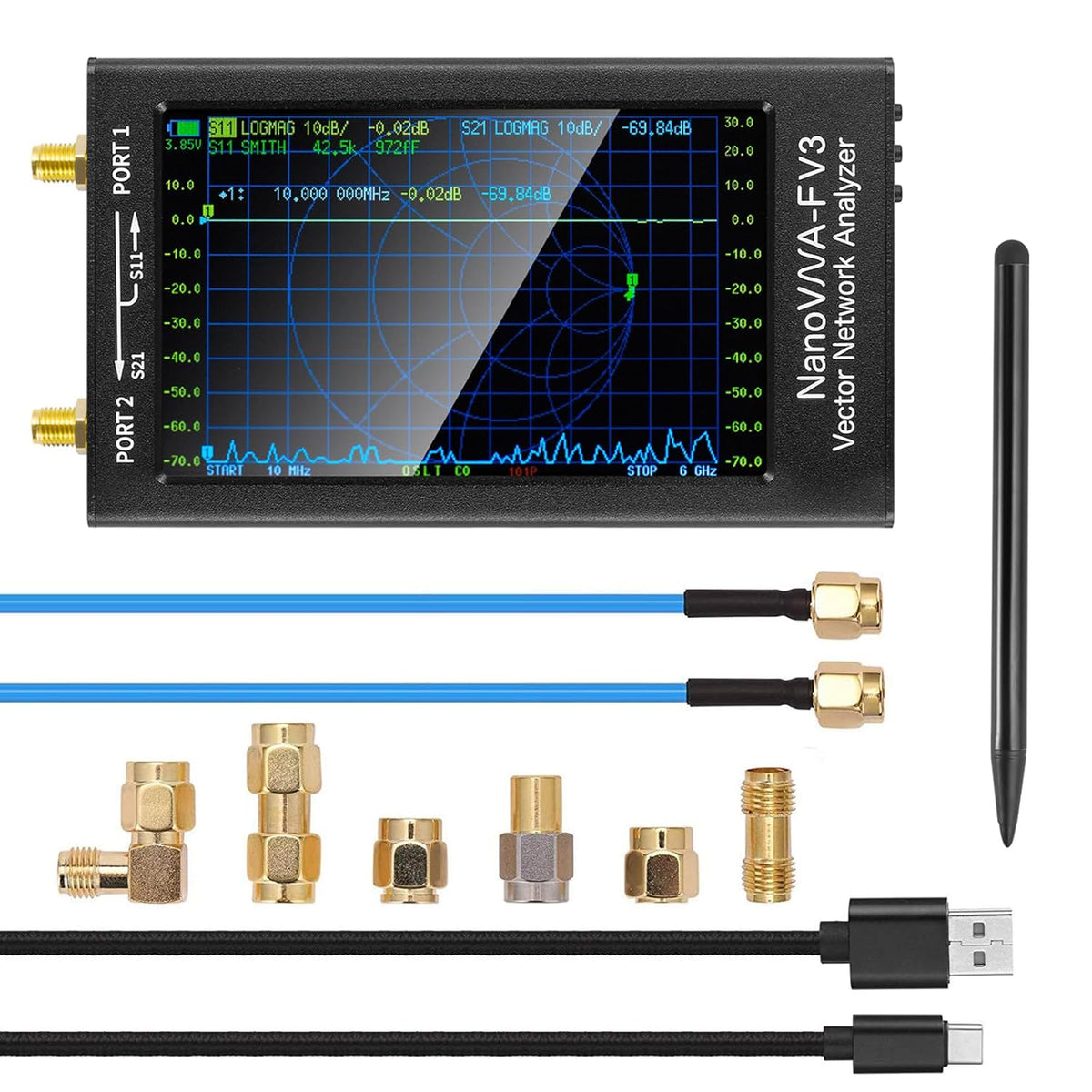 NanoVNA-F V3 Vector Network Analyzer 1MHz–6GHz Antenna Analyzer HF VHF UHF VNA Measuring S-Parameters Voltage Standing Wave Ratio Phase Delay Smith Chart 4.3 inch Screen & 4500mAh