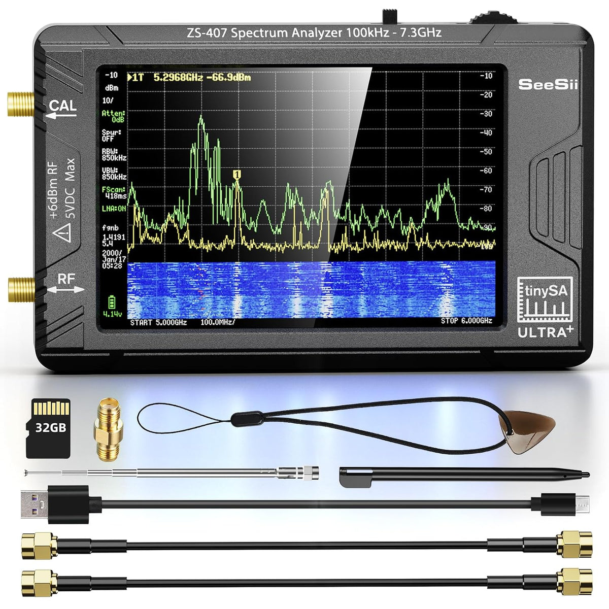 Calmora HW V0.5.4 TinySA Ultra+ZS407 Spectrum Analyzer, 4-inch 100kHz-7.3GHz Frequency Analyzer 2-in-1 Signal Generator 100kHz to 900MHz MF/HF/VHF UHF Input 5000mAh Battery 32GB SD Card