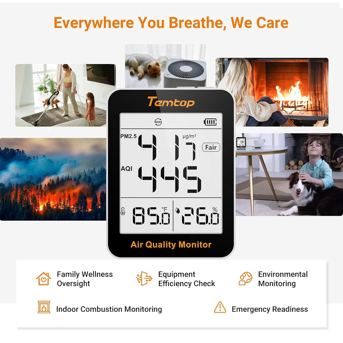 Temtop Air Quality Monitor Indoor Thermo-Hygrometer - PM2.5, AQI, Temperature, and Humidity Meter for Home, Office, or School, Air Quality Measurement, 60-Day Battery Life