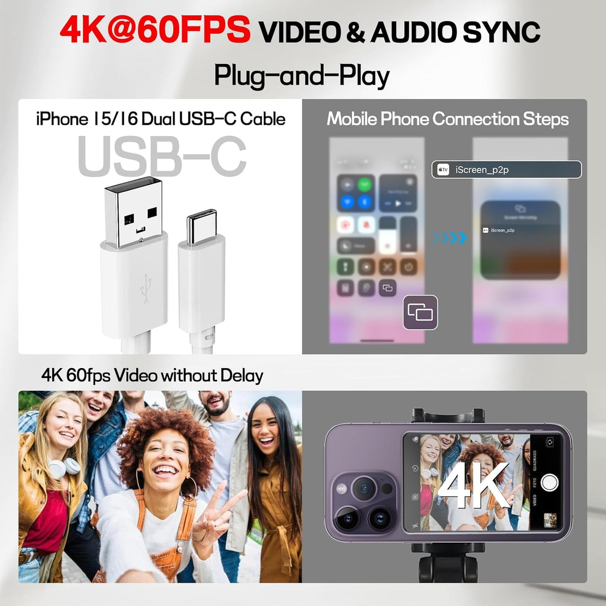 Calmora 4K 60FPS Phone Vlog Selfie Monitor Screen, Back Camera Monitor with Bluetooth Remote, Compatible with iPhone Android, 1800mAh for Selfie Vlog No Delay Live Stream