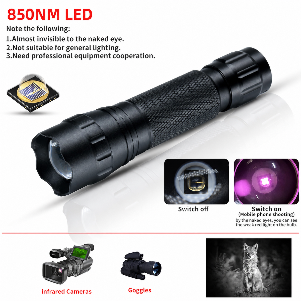 CALMORA IR Flashlight Infrared 850nm Light LED Rechargeable Mini for Night Vision, Handheld Tactical ir Illuminator, Focus Adjustable, Portable for Hunting, Observation, Search, with Clip