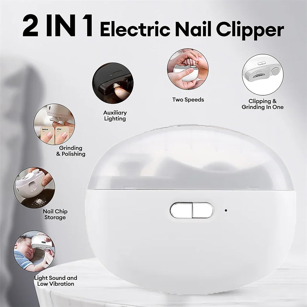 CALMORA Electric Nail Clipper, Automatic Nail Trimmer, Nail File with Light & 2 Speeds, Fingernail Cutter and Manicure 2 in 1 Design Rechargeable Safety Nail Scissors for Caregivers, Elderly, Kids