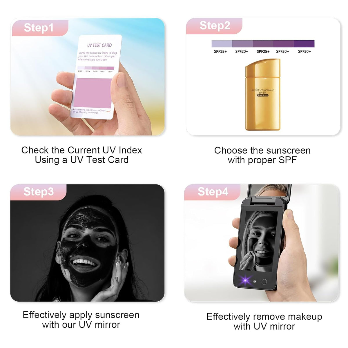 CALMORA UV Camera for Sunscreen Test UV Mirror Sunscreen Camera, 4 Inch Vanity Mirror Rechargeable Compact Travel Makeup Mirror Handheld Double-Sided Pocket Mirror for Skin Protection(Dark Black)