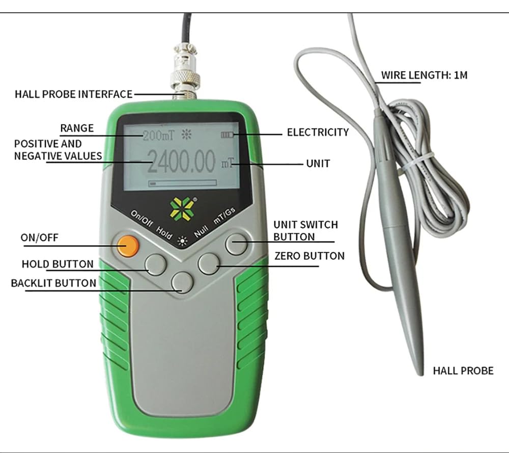 Handheld Digital Tesla Tester Digital, High Precision Gaussmeter with Probe 0-2400mT, Surface Magnetic Field Meters Metal Probe Tool Kit 5% Accuracy
