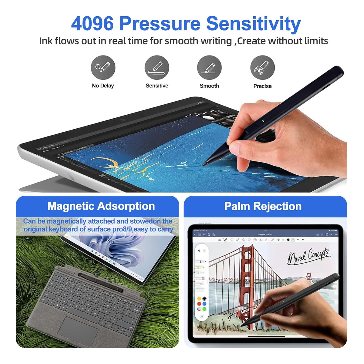 CALMORA Slim Pen 2 for Microsoft Surface with 4096 Pressure, Eraser & Right-Click, Palm Rejection,Graphite Nib,for Surface Pro 12/11/10/9/8/7/6/5/4/X,Surface Go 4/3/2,Book 3/2/1,Laptop1-6,Surface Studio 2+/2