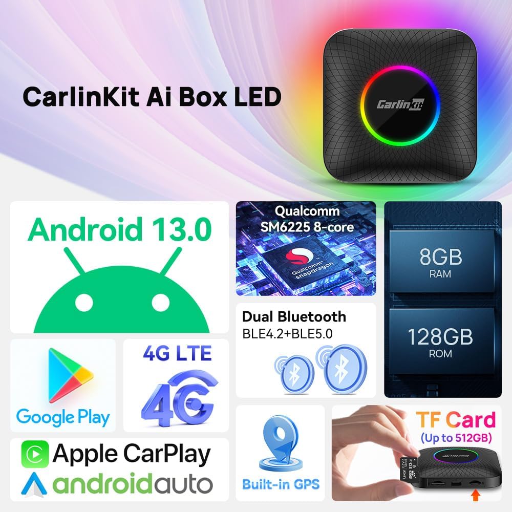 Carlinkit Android 13 Ai Box LED Version, Qualcomm 8 Cores, 8+128GB, 3-in-1 Adapter with 4G Cellular, Streaming Video, SIM/TF Card, Built-in Google Play, Only Suitable for Factory Wired CarPlay Cars