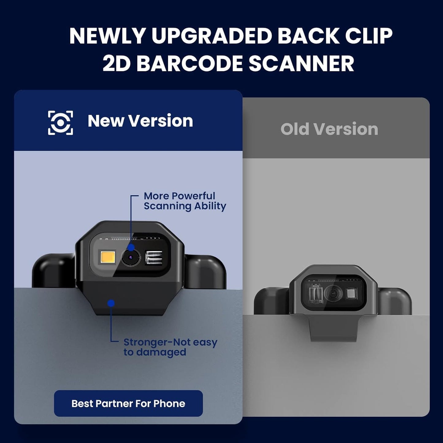 Back Clip Phone Barcode Scanner, Super 1D 2D QR Bluetooth Barcode Reader with 1600mAh Rechargeable Battery, iPad, iPhone and Android Compatible, for Inventory Management