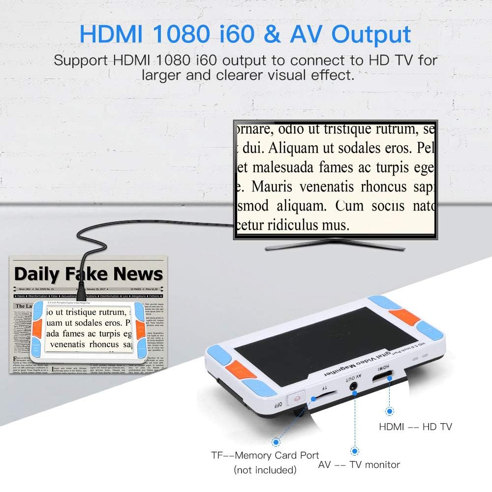 5.0 inch Handheld Portable Video Digital Magnifier Electronic Reading Aids w/Double Camera View Far and Near Voice Prompt Function (4-32X)