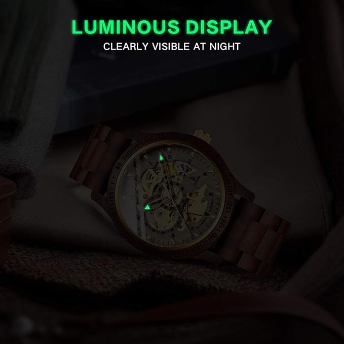 IK COLOURING Men's Watches Luxury Mechanical Wooden Case Skeleton Lumious Automatic Self-Winding Lightweight Genuine Leather Bracelet/Wood Band Wrist Watch