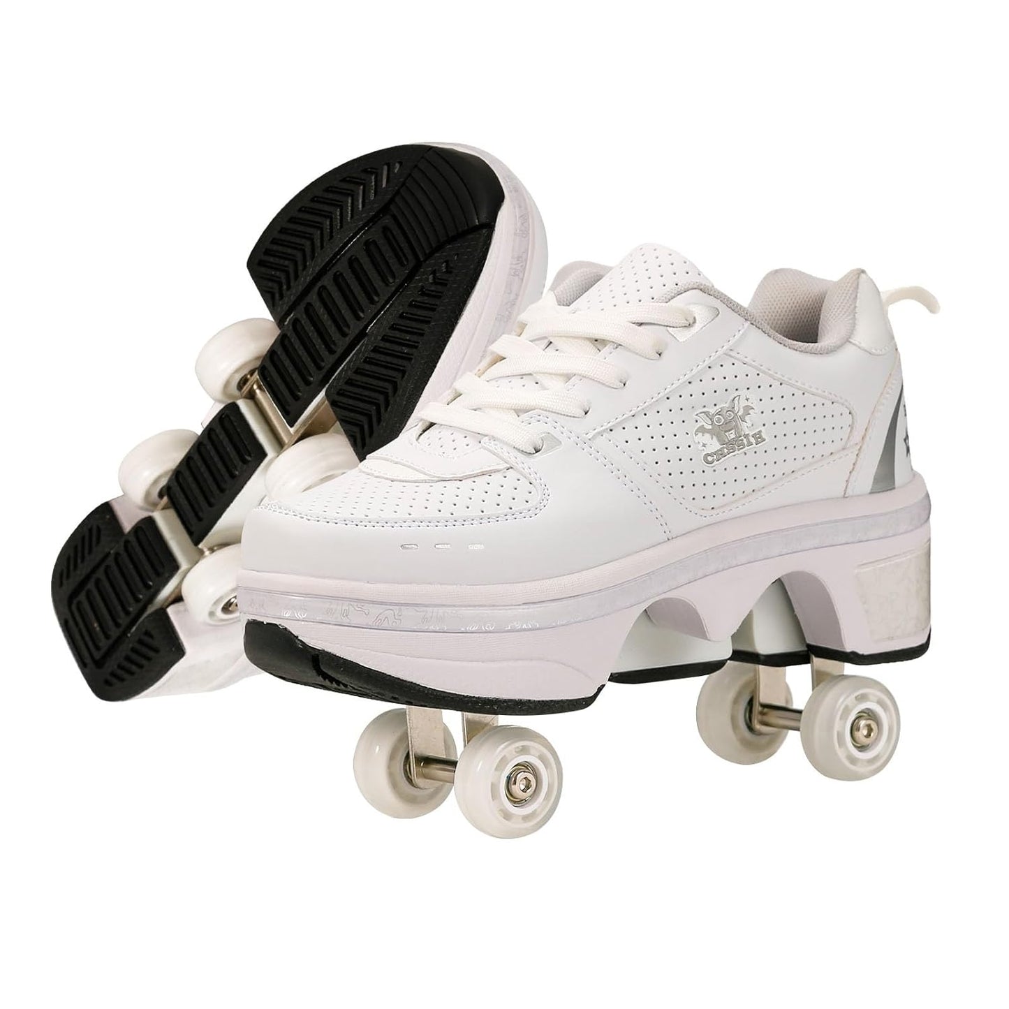 Roller Skates for Women Outdoor,Parkour Shoes with Wheels for Girls/Boys,Kick Rollers Shoes Retractable Adults/Kids,Quad Roller Skates Men,Unisex Skating Shoes Recreation Sneakers,White4-6.5US