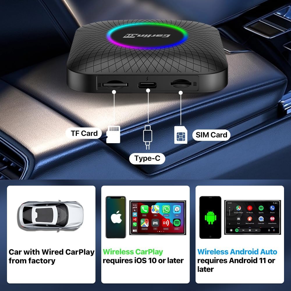 CARLINKIT Newest Android 13.0 Ai Box LED, 8+128GB with Qualcomm 8-cores, 3-in-1 Wireless CarPlay/Android Auto Comes with Play Store, Streaming Video, Only for The Vehicle with Wired CarPlay