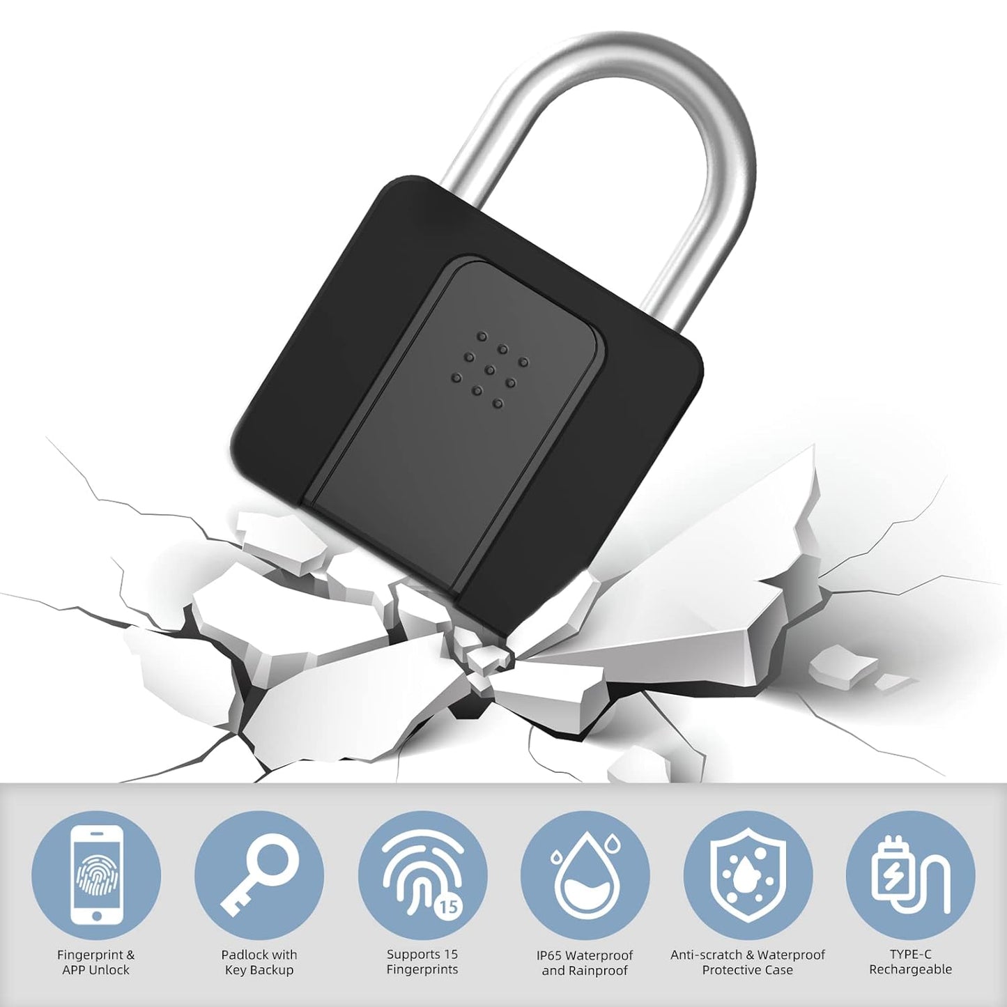 Fingerprint Padlock, Eseesmart Padlock Large Size, Combination Lock, Waterproof with Protective Case, Padlock with Key, with Mobile APP and Fingerprint Unlock, Suitable for Gates, Doors,Gym, Office