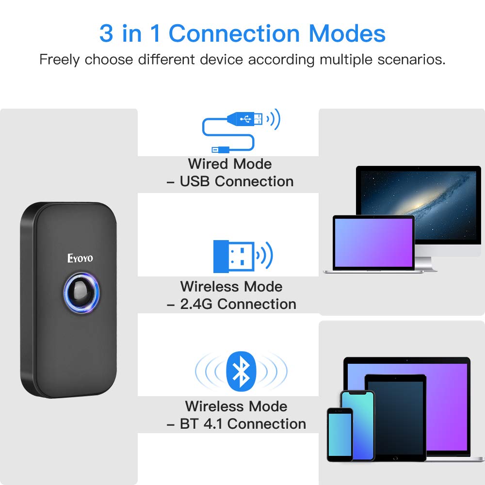 Mini 1D Bluetooth Barcode Scanner, 3-in-1 Bluetooth & USB Wired & 2.4G Wireless Barcode Reader Portable Bar Code Scanning Work with Windows, Android, iOS, Tablets or Computers