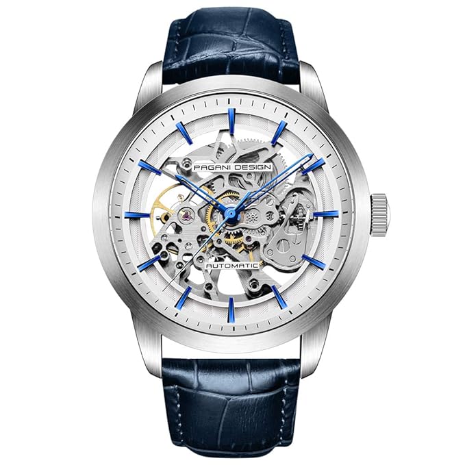 Automatic Mens Watches Skeleton Mechanical Wrist Watch for Men Waterproof Genuine Leather Watchband Luxury Self-Winding Stainless Steel Analog Watch for Men Collection PAGANI DESIGN
