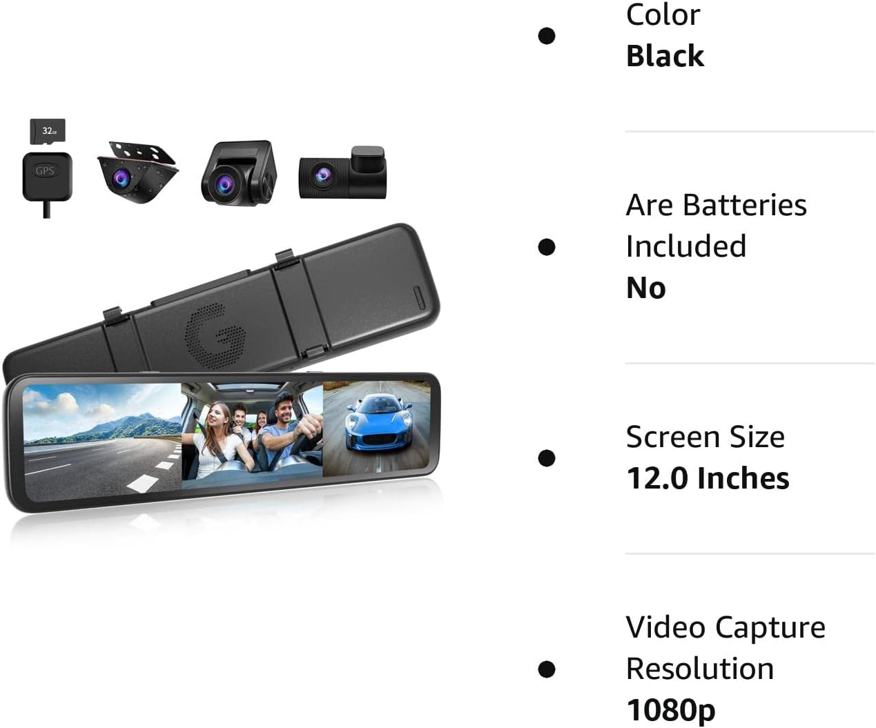 WOLFBOX 3 Channels Mirror Dash Cam, 12" IPS Touch Screen Rear View Mirror Camera with Detached Front, in-Car Camera, and Waterproof Backup Camera, Front and Rear Dash Camera with GPS & G-Sensor