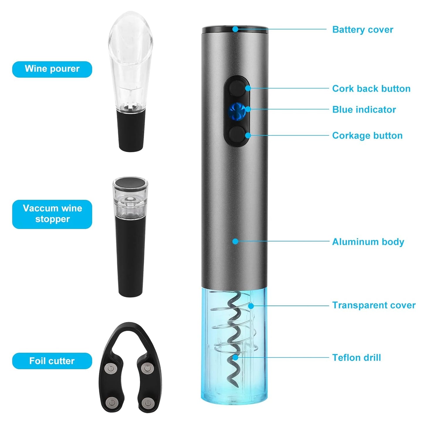 Wine Opener Electric,Wine Bottle Opener, Stainless Steel Corkscrew Battery Powered Cordless Wine Opener Kit with Foil Cutter USB Charger