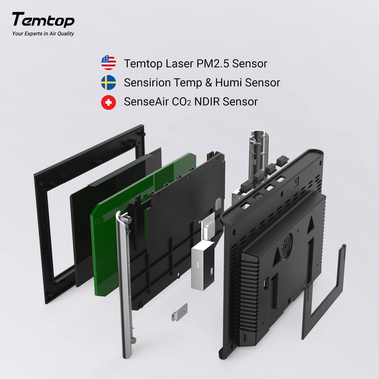 Temtop CO2 Air Quality Monitor PM2.5 Thermometer Data Export P20C - Black