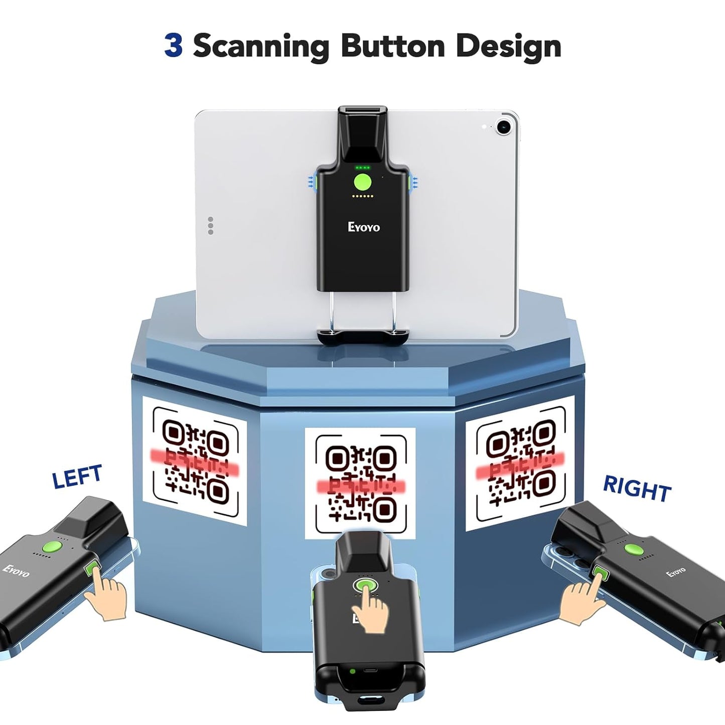 2D Backclip Bluetooth Barcode Scanner Compatible with iPad, Tablet, iPhone, Android Phone, 3000mAh Rechargeable Battery with Level Indicator, Wireless QR Bar Code Reader for Warehouse Inventory