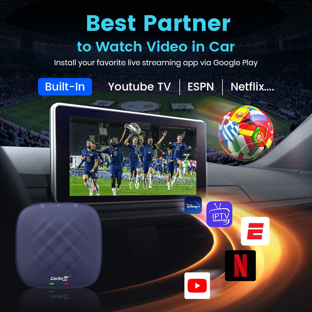 Carlinkit Ai Box Pro with Android 13.0, Transform Your Car into a Multimedia Hub with Qualcomm Octa-core 6125, 4+64GB Memory, and Built-in IPTV/Streaming Video and Bluetooth Gaming Controller