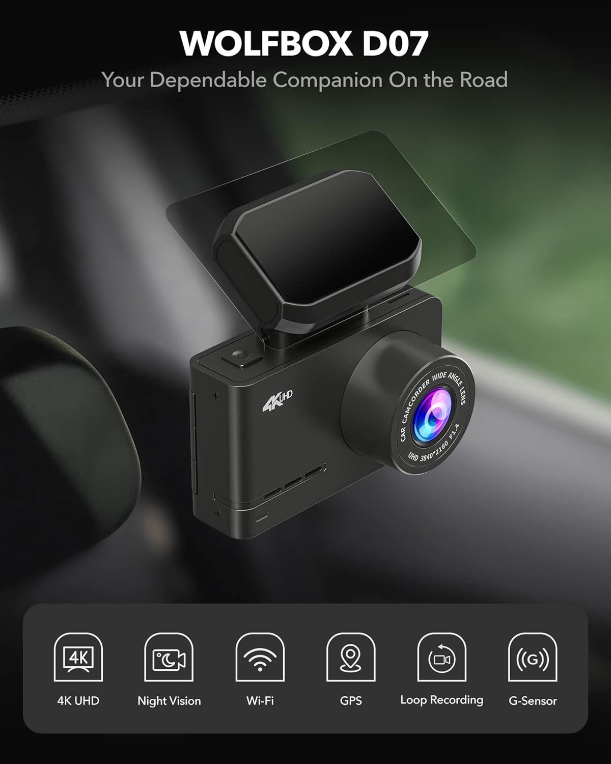 WOLFBOX 4K Dash Cam Built-in WiFi GPS Dashboard Camera Front 4K/2.5K and Rear 1080P Dual Car Recorder, Mini Security DashCam with 2.45" LCD, 170° Wide Angle, Support 128GB Max