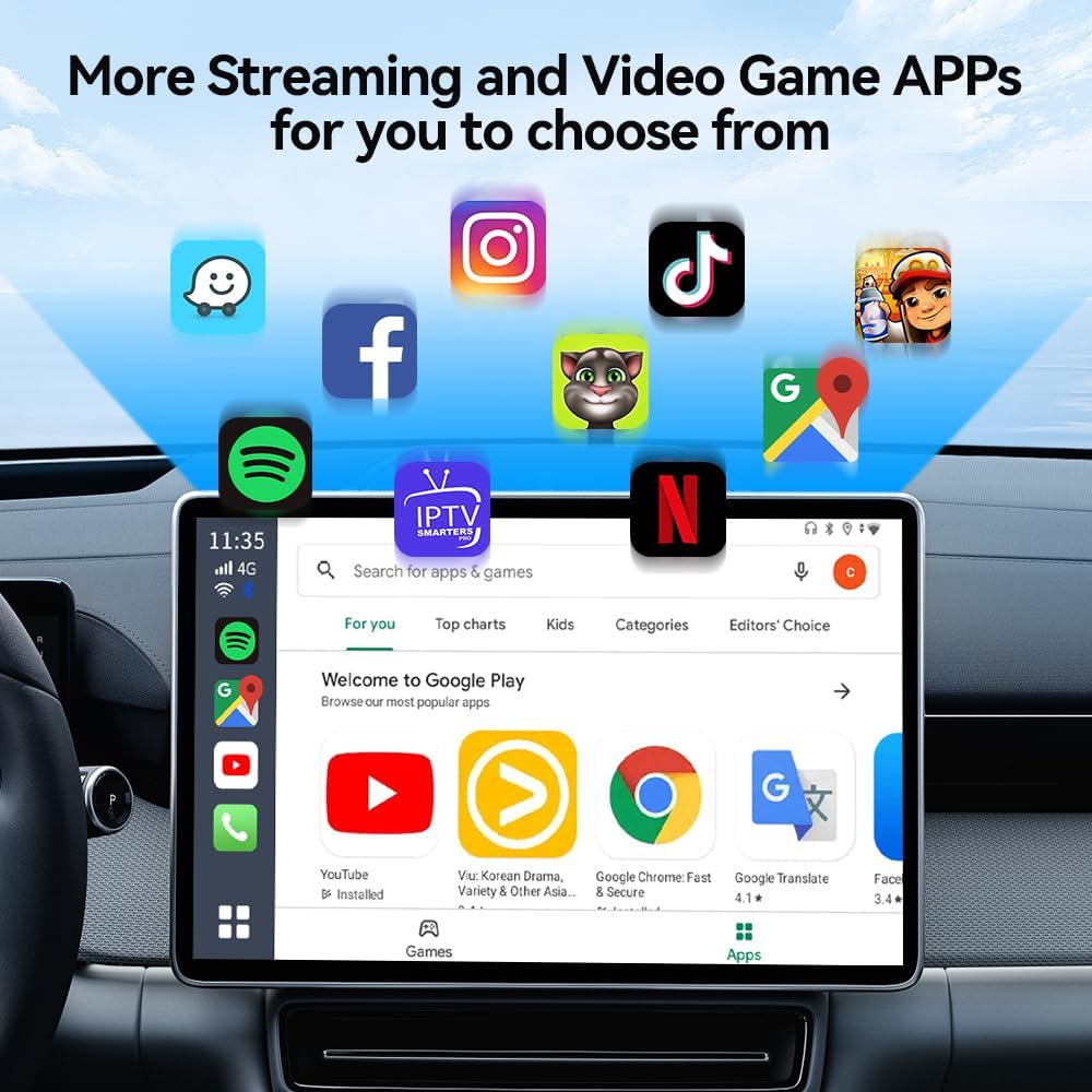 Carlinkit Android 13 Ai Box LED Version, Qualcomm 8 Cores, 8+128GB, 3-in-1 Adapter with 4G Cellular, Streaming Video, SIM/TF Card, Built-in Google Play, Only Suitable for Factory Wired CarPlay Cars