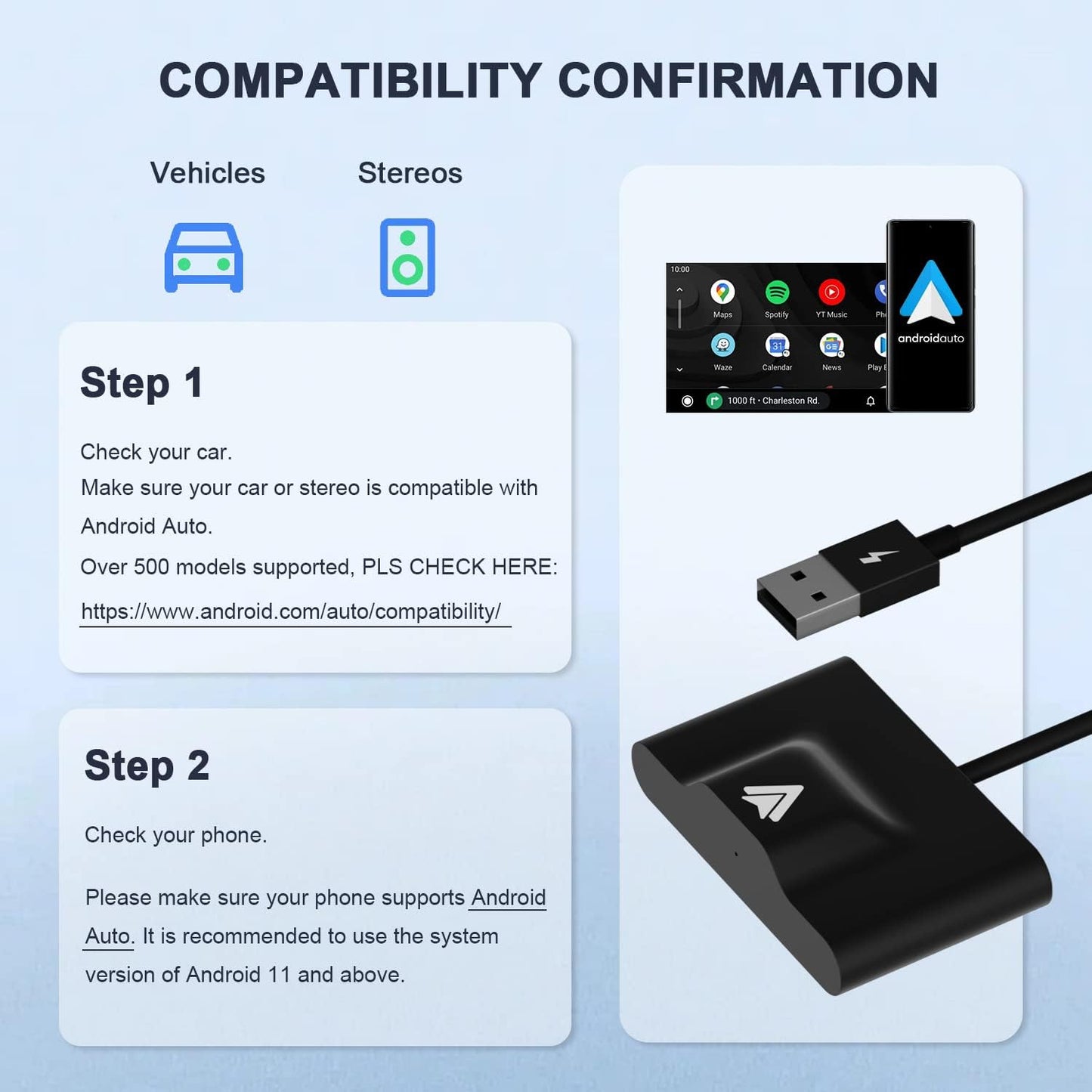 Teeran Android Auto Wireless Adapter for OEM Factory Wired Android Auto Cars Plug & Play Easy Setup AA Wireless Android Auto Dongle for Android Phones Converts Wired Android Auto to Wireless
