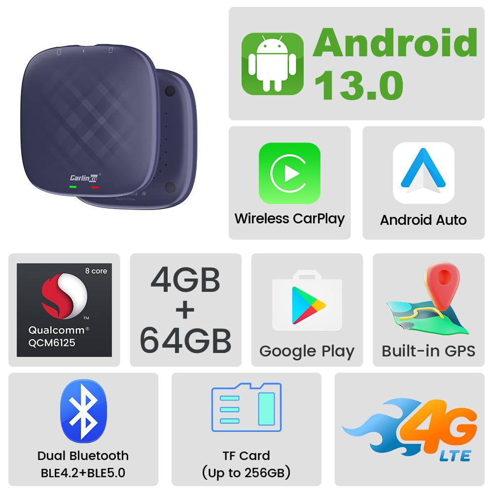 Carlinkit Ai Box Pro with Android 13.0, Transform Your Car into a Multimedia Hub with Qualcomm Octa-core 6125, 4+64GB Memory, and Built-in IPTV/Streaming Video and Bluetooth Gaming Controller