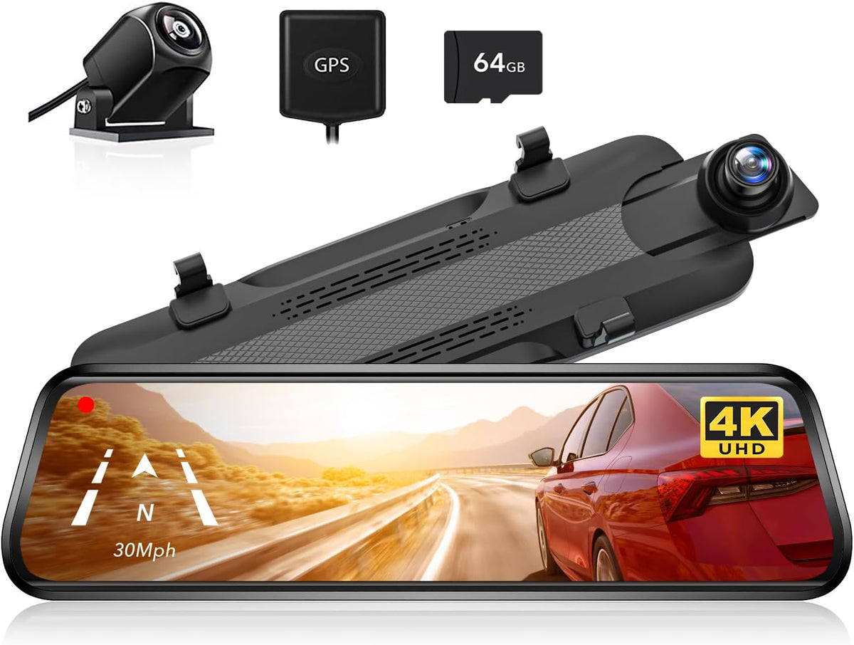WOLFBOX G930 4K 10" Rear View Mirror Camera, Dash Cam Front and Rear for Car with 32GB Card, Touch Screen Smart Rear View Mirror Backup Camera, Parking Monitor, Reverse Assist, GPS, Support 256GB Max