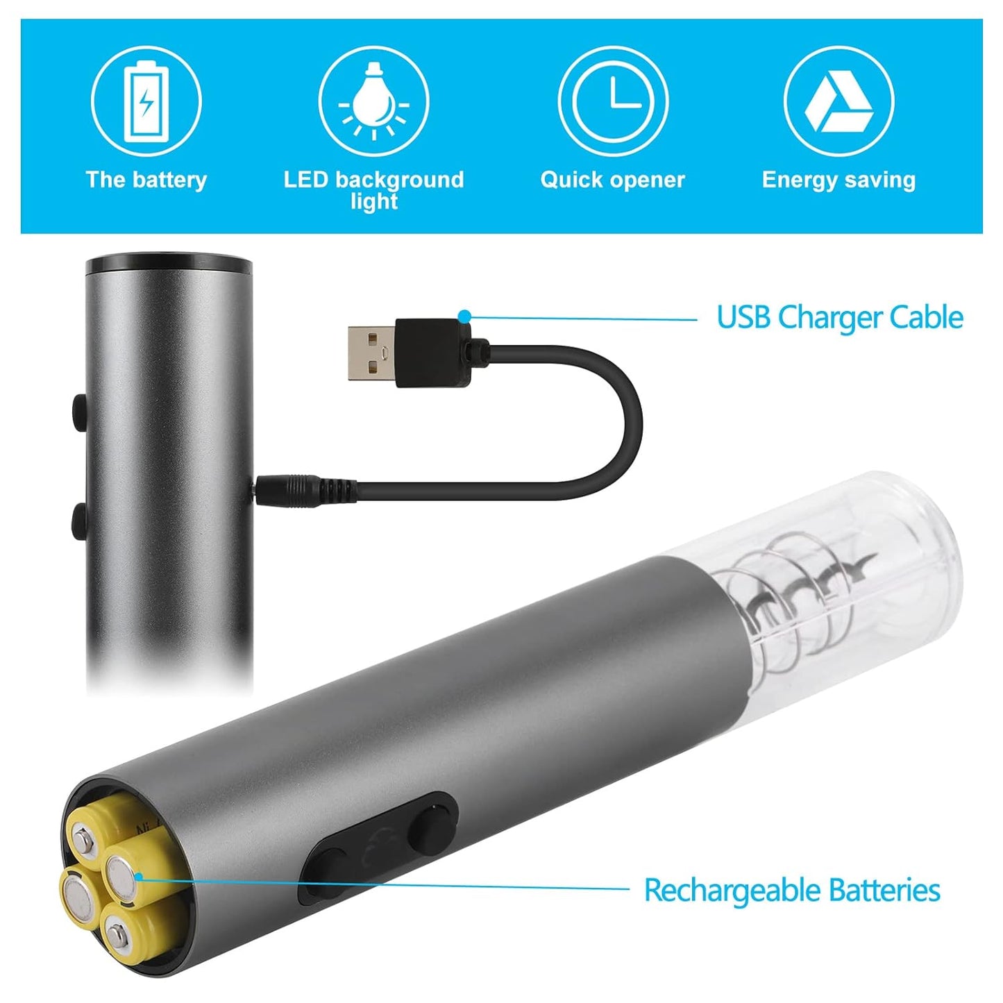 Wine Opener Electric,Wine Bottle Opener, Stainless Steel Corkscrew Battery Powered Cordless Wine Opener Kit with Foil Cutter USB Charger