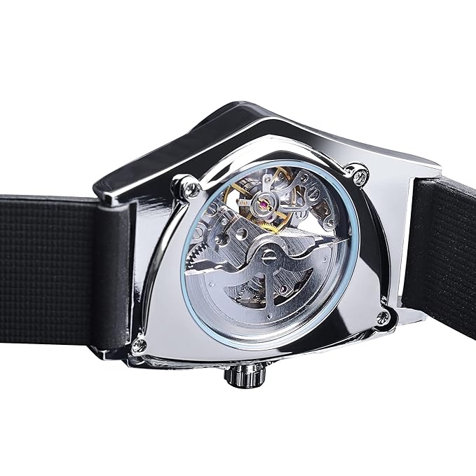Skeleton Watches for Men, Automatic Mechanical Watch with Triangle Dial, Luminous Self Winding Watches Stainless Steel Bracelet or Soft Silicone Strap