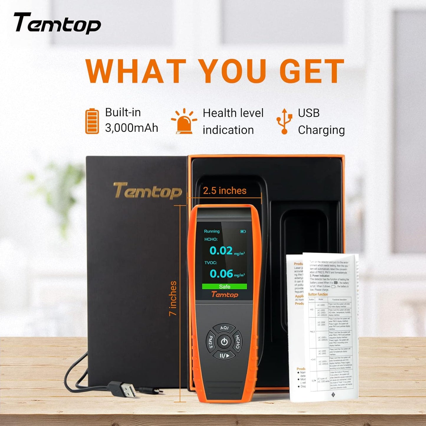 Temtop Air Quality Monitor Professional PM2.5 PM10 Meter Temperature and Humidity Formaldehyde Tester Indoor Outdoor TVOC AQI Air Pollution Detector (LKC1000S+)