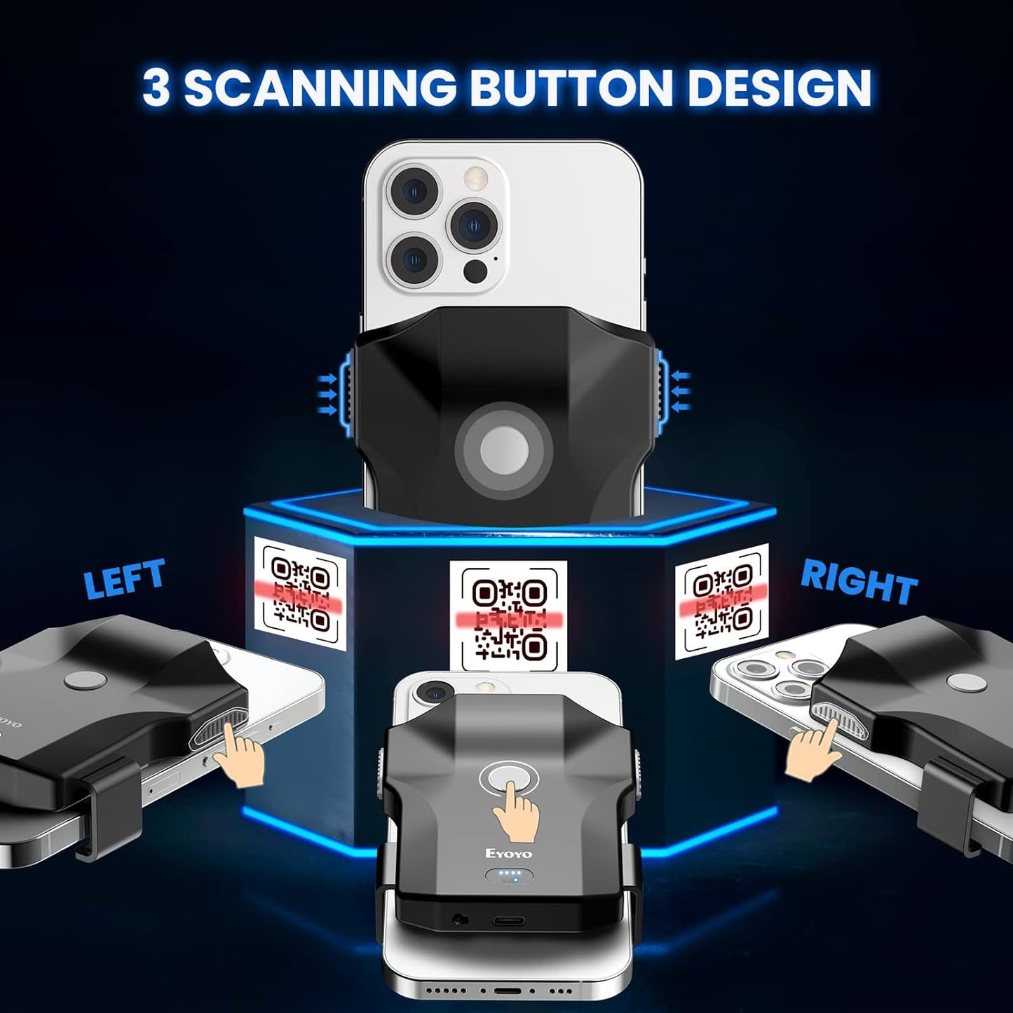 Bluetooth QR Code Scanner, 2D Wireless Back Clip Phone UPC USB Barcode Scanner Reader with Battery Level Indicator Compatible with 4.7"-7.2" Android Phone, iPhone for Book Library Inventory