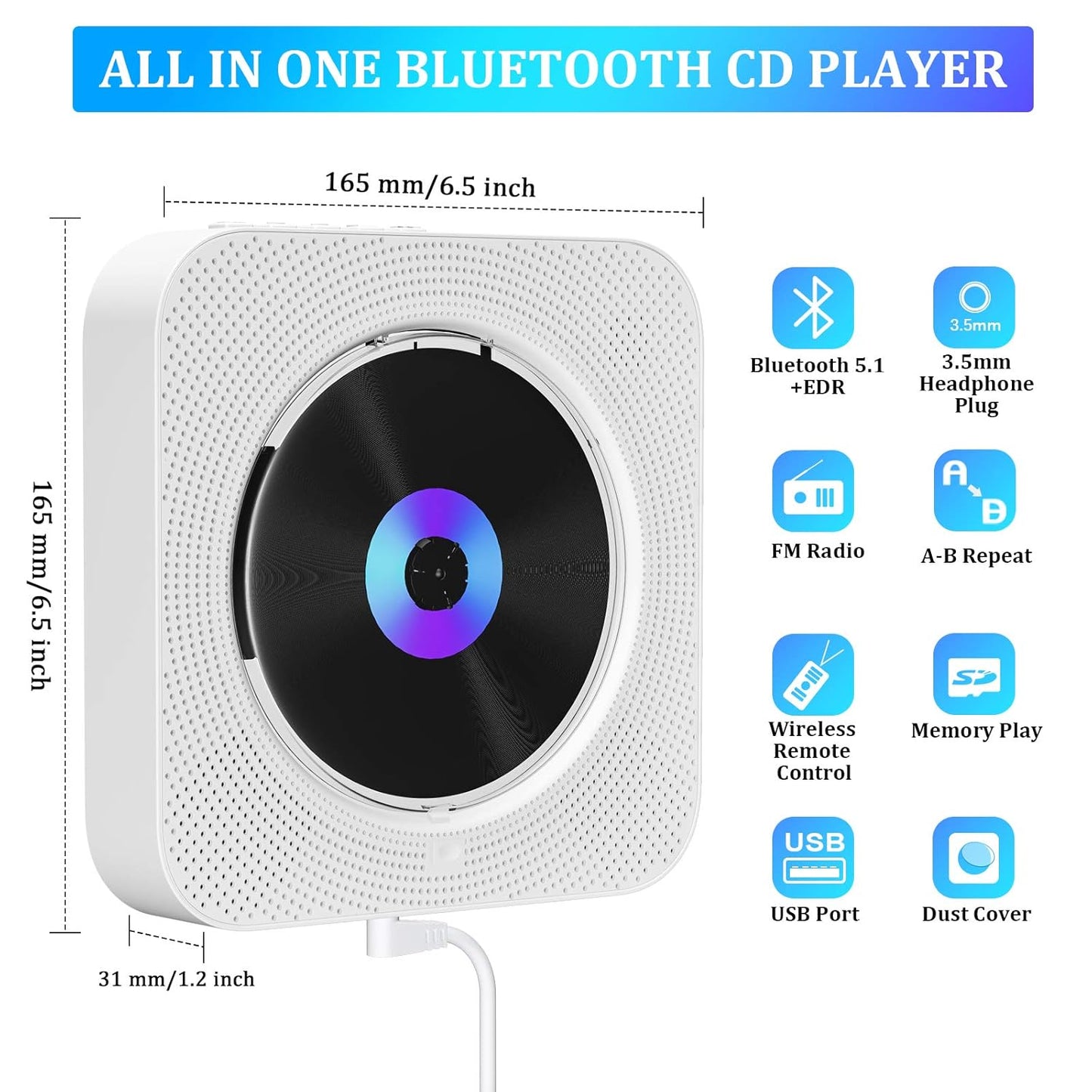 Qoosea Portable CD Player with Bluetooth Wall Mountable CD Music Player Home Audio Boombox with Remote Control FM Radio Built-in HiFi Speakers MP3 Headphone Jack AUX Input Output