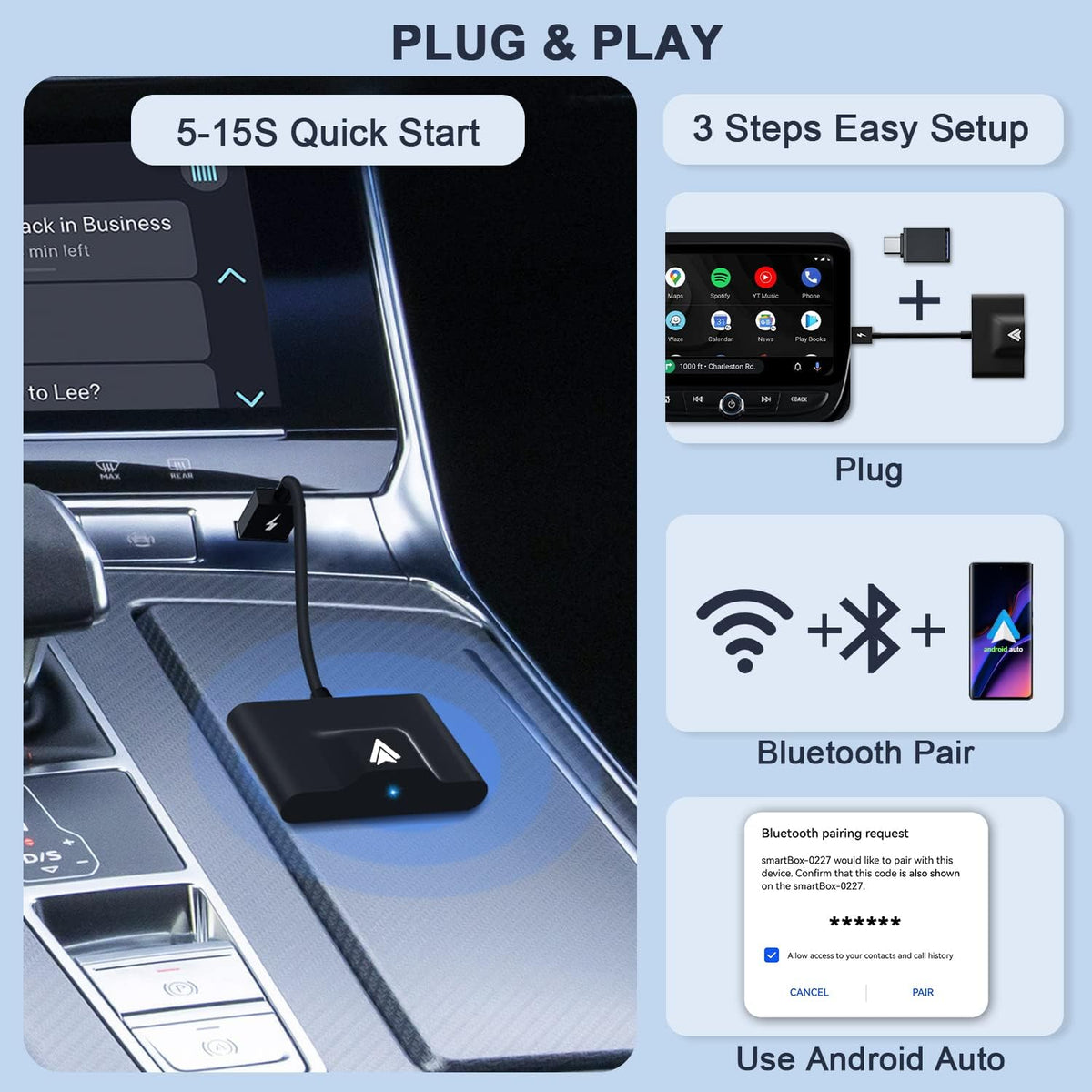 Calmora Android Auto Wireless Adapter for OEM Factory Wired Android Auto Cars Plug & Play Easy Setup AA Wireless Android Auto Dongle for Android Phones Converts Wired Android Auto to Wireless