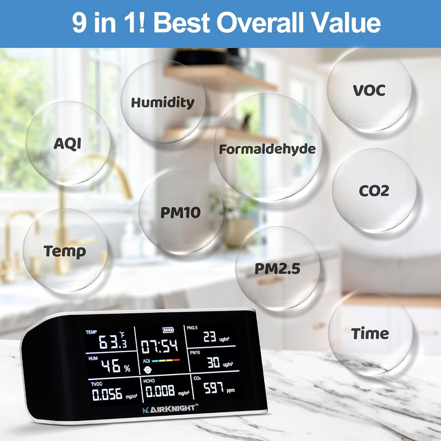 AirKnight 9-in-1 Indoor Air Quality Monitor, Portable CO2 Monitor | VOC Sensor | Formaldehyde Detector