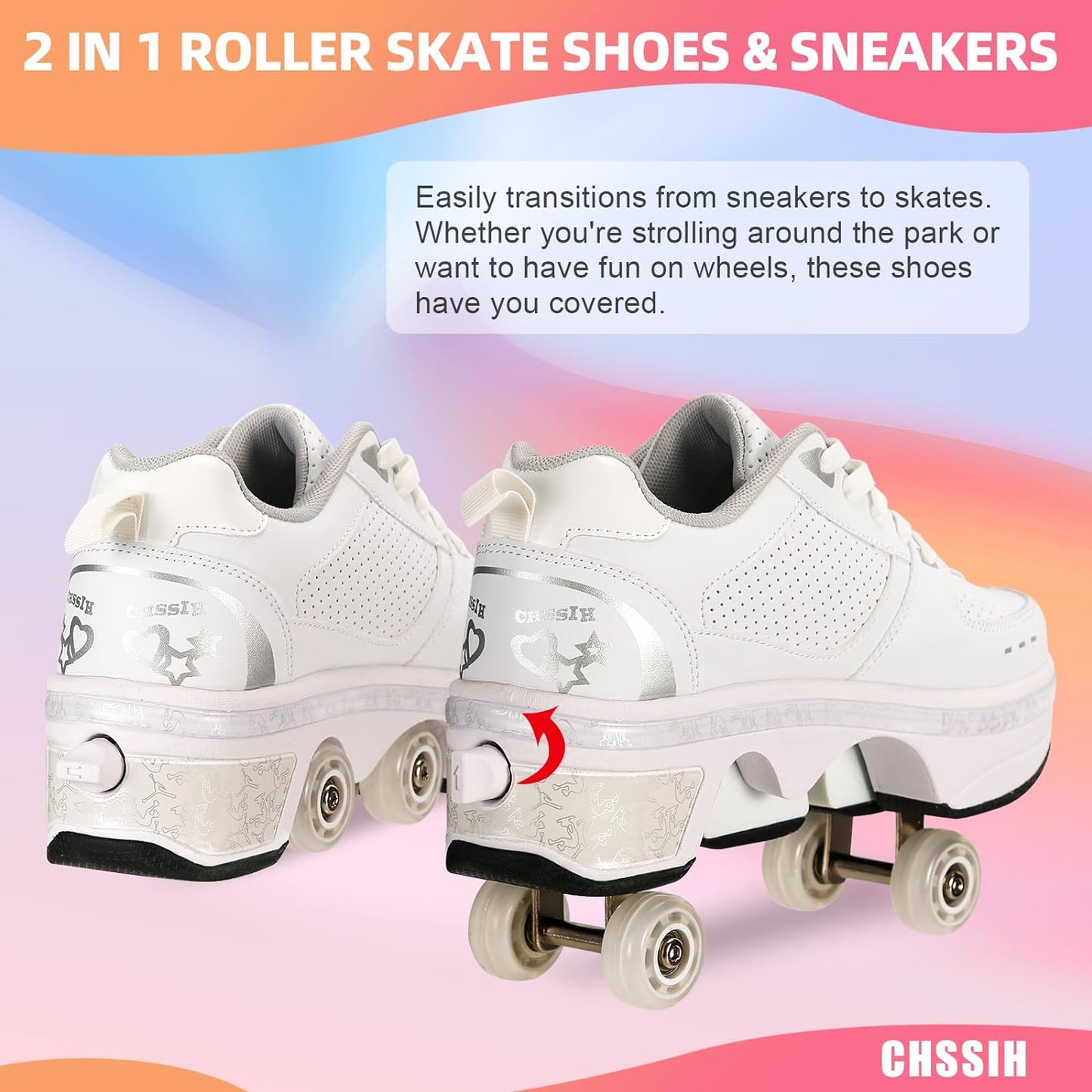 Roller Skates for Women Outdoor,Parkour Shoes with Wheels for Girls/Boys,Kick Rollers Shoes Retractable Adults/Kids,Quad Roller Skates Men,Unisex Skating Shoes Recreation Sneakers,White4-6.5US