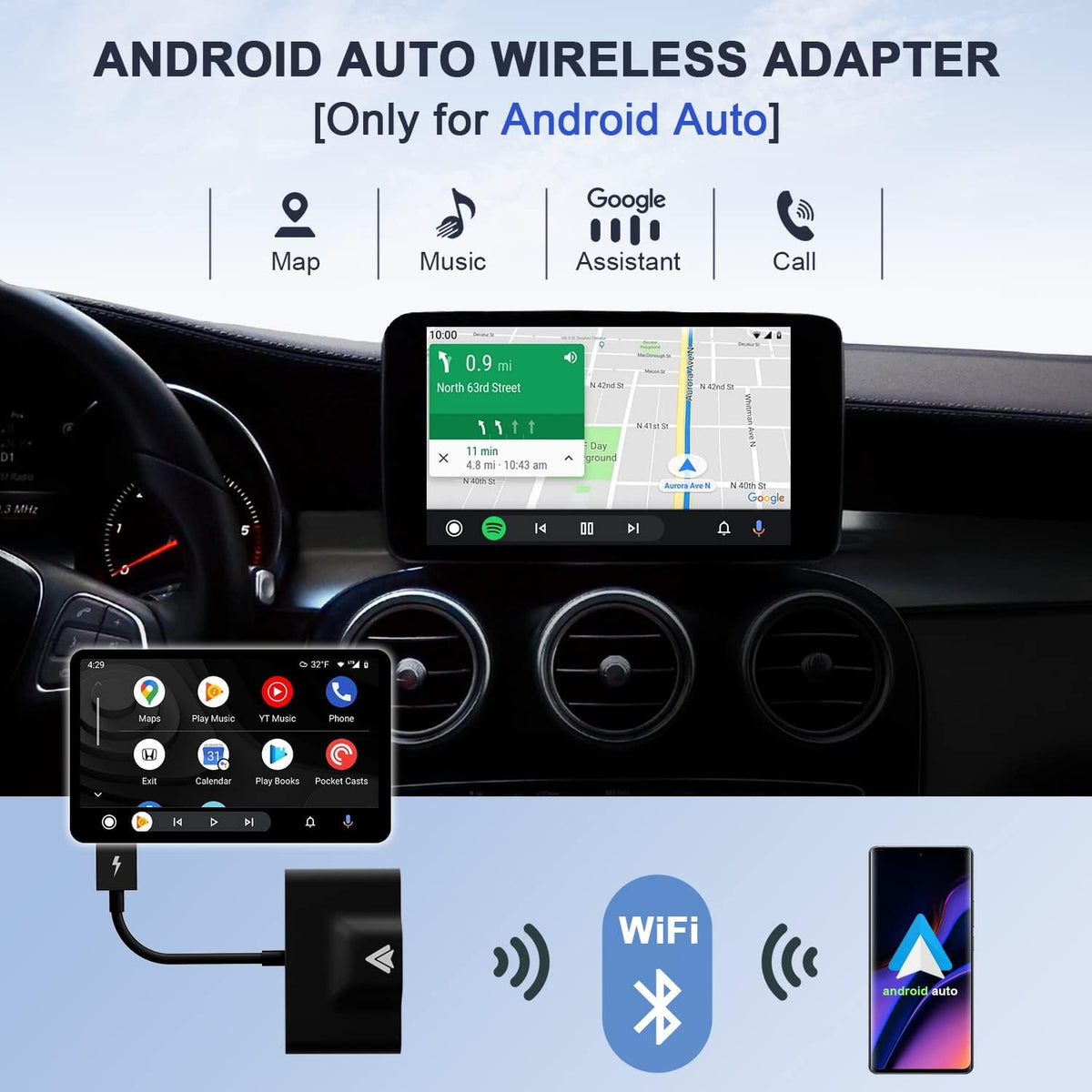 Calmora Android Auto Wireless Adapter for OEM Factory Wired Android Auto Cars Plug & Play Easy Setup AA Wireless Android Auto Dongle for Android Phones Converts Wired Android Auto to Wireless