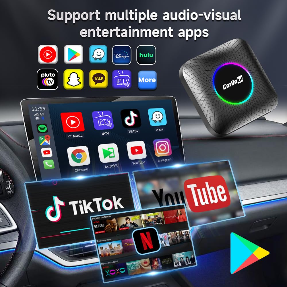 Carlinkit Ai Box Pro with Android 13.0, Transform Your Car into a Multimedia Hub with Qualcomm Octa-core 6125, 4+64GB Memory, and Built-in IPTV/Streaming Video and Bluetooth Gaming Controller