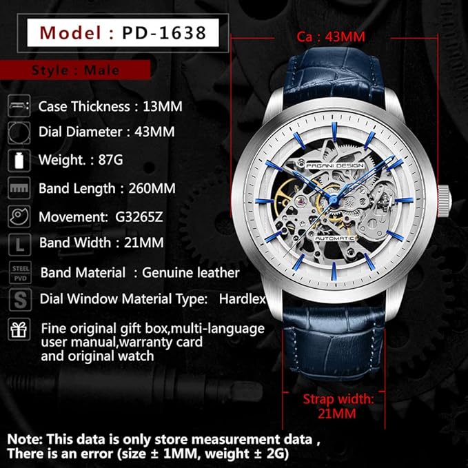 Automatic Mens Watches Skeleton Mechanical Wrist Watch for Men Waterproof Genuine Leather Watchband Luxury Self-Winding Stainless Steel Analog Watch for Men Collection PAGANI DESIGN
