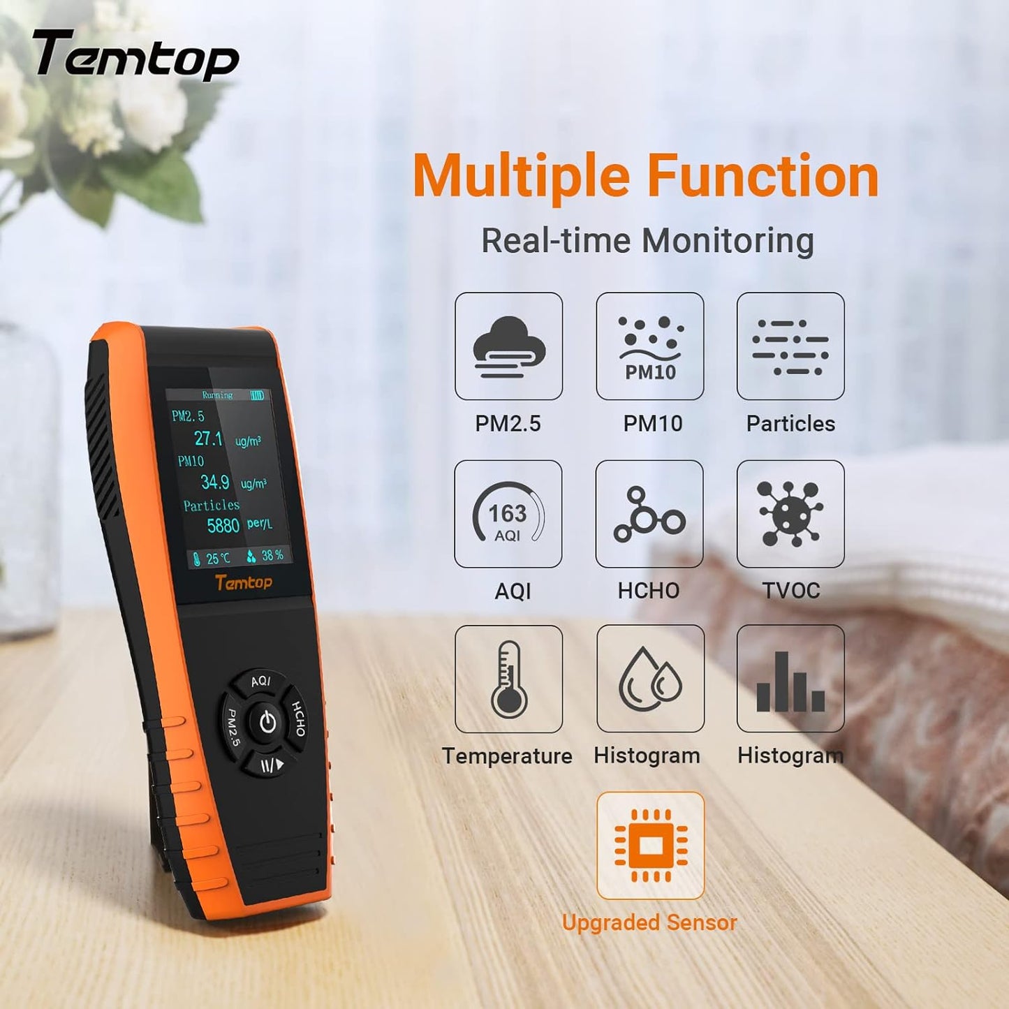 Temtop Air Quality Monitor Professional PM2.5 PM10 Meter Temperature and Humidity Formaldehyde Tester Indoor Outdoor TVOC AQI Air Pollution Detector (LKC1000S+)