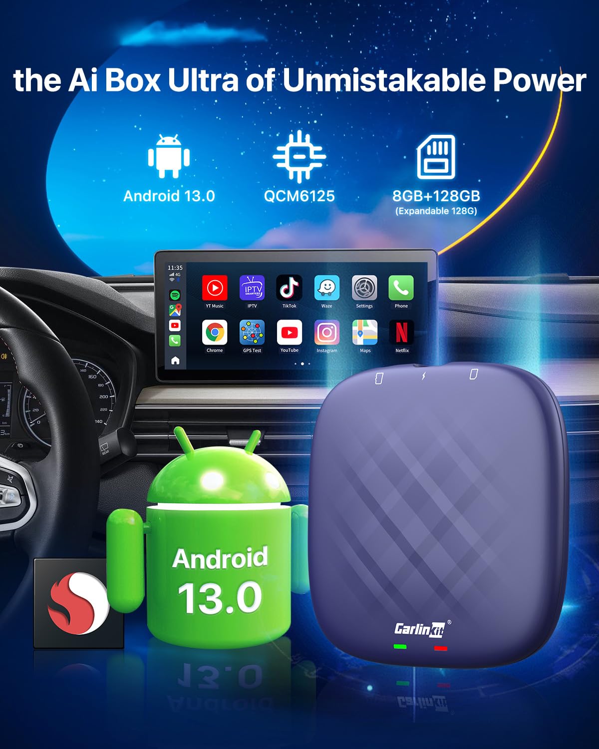 Carlinkit Android 13.0 Ai Box, Ultra Series, Powerful Multimedia Adapter with 8+128GB Qualcomm 8-cores, Built-in Wireless CarPlay/Android Auto/Google Play Store, Only Fit for Wired CarPlay Vehicles
