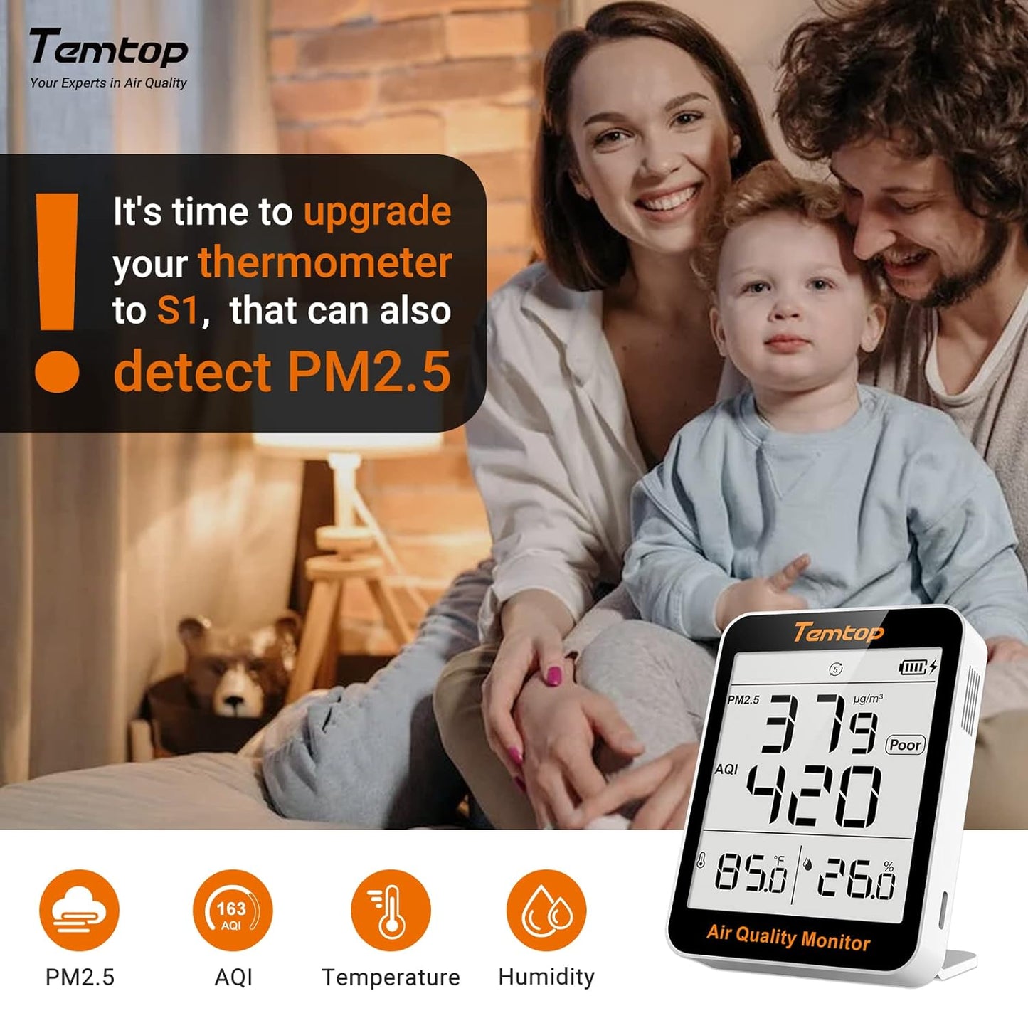 Indoor Thermometer 𝗣𝗠𝟮.𝟱 𝗔𝗤𝗜 Air Quality Monitor Beyond Temperature Humidity Meter, Temtop Digital Hygro-Thermometer Gauge with AQI Detector