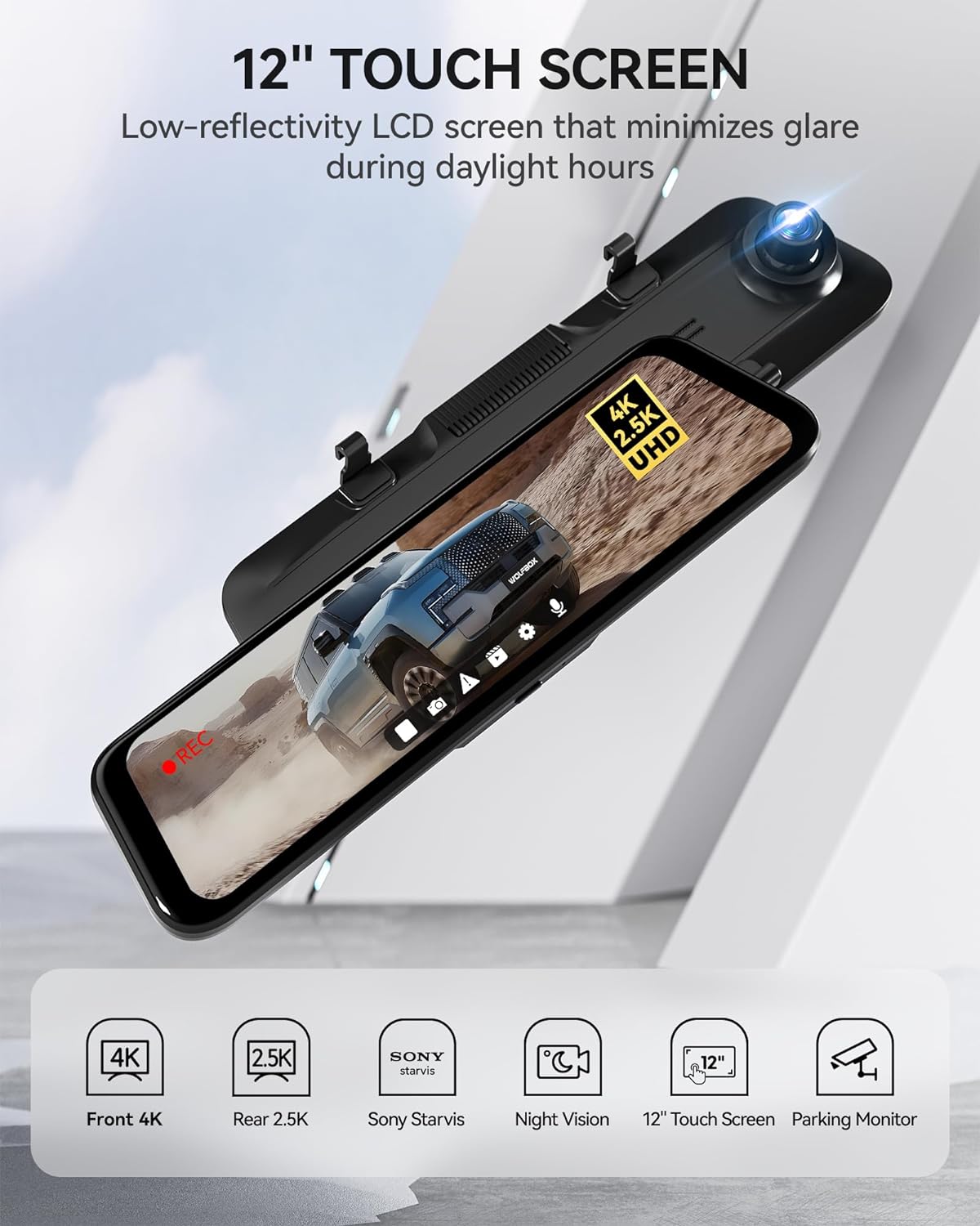 WOLFBOX Rear View Mirror Camera: Mirror Dash Cam Front and Rear 4K+2.5K for Car with 12" Full Touch Screen, Waterproof Backup WDR Camera, Night Vision, G-Sensor, Parking Assist,Free 32GB Card & GPS