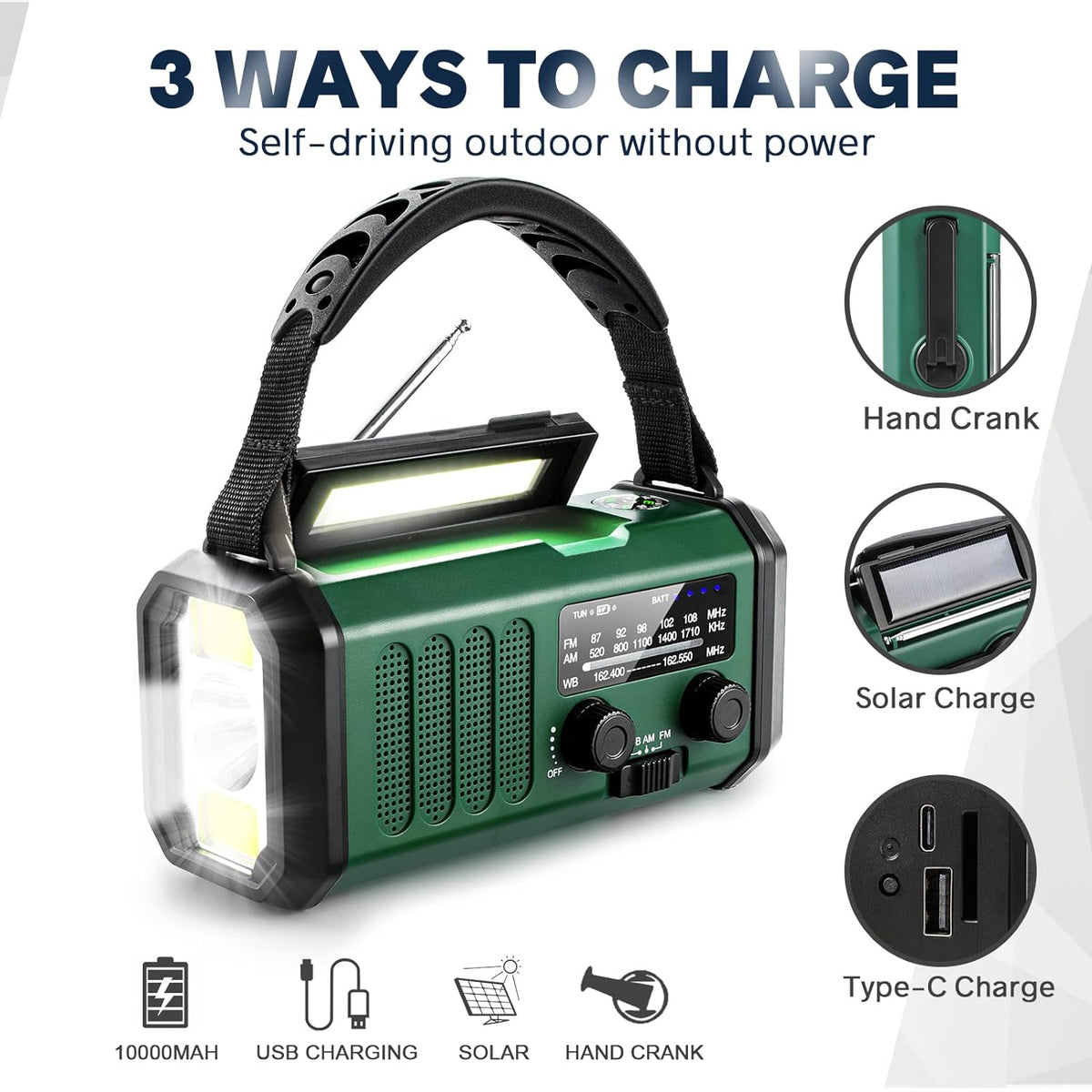 Calmora 10000mAh Crank Radio, Emergency Radio, Solar Radio, NOAA/AM/FM Weather Radio, USB Type-C Charging,Dynamo Radio,Polymer Battery,Torch & LED Reading Light, SOS Alarm,Compass for Camping