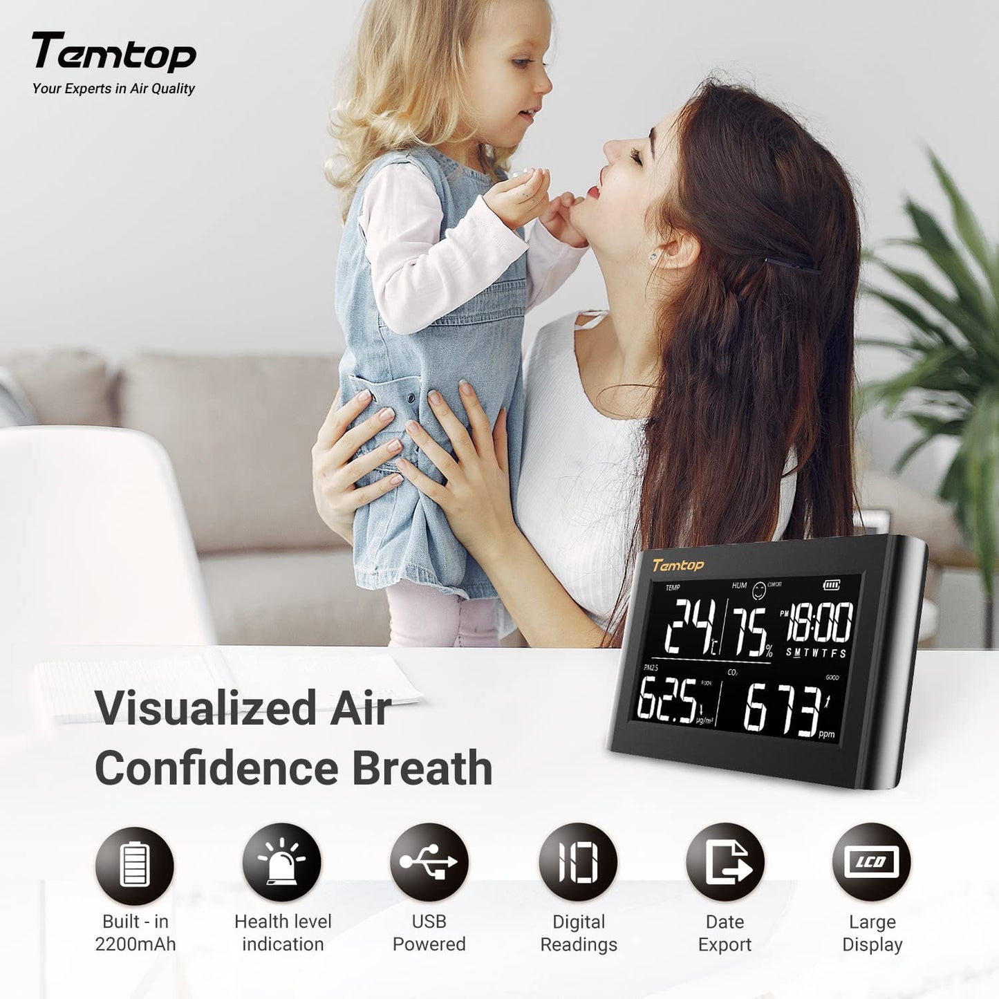 Temtop CO2 Air Quality Monitor PM2.5 Thermometer Data Export P20C - Black