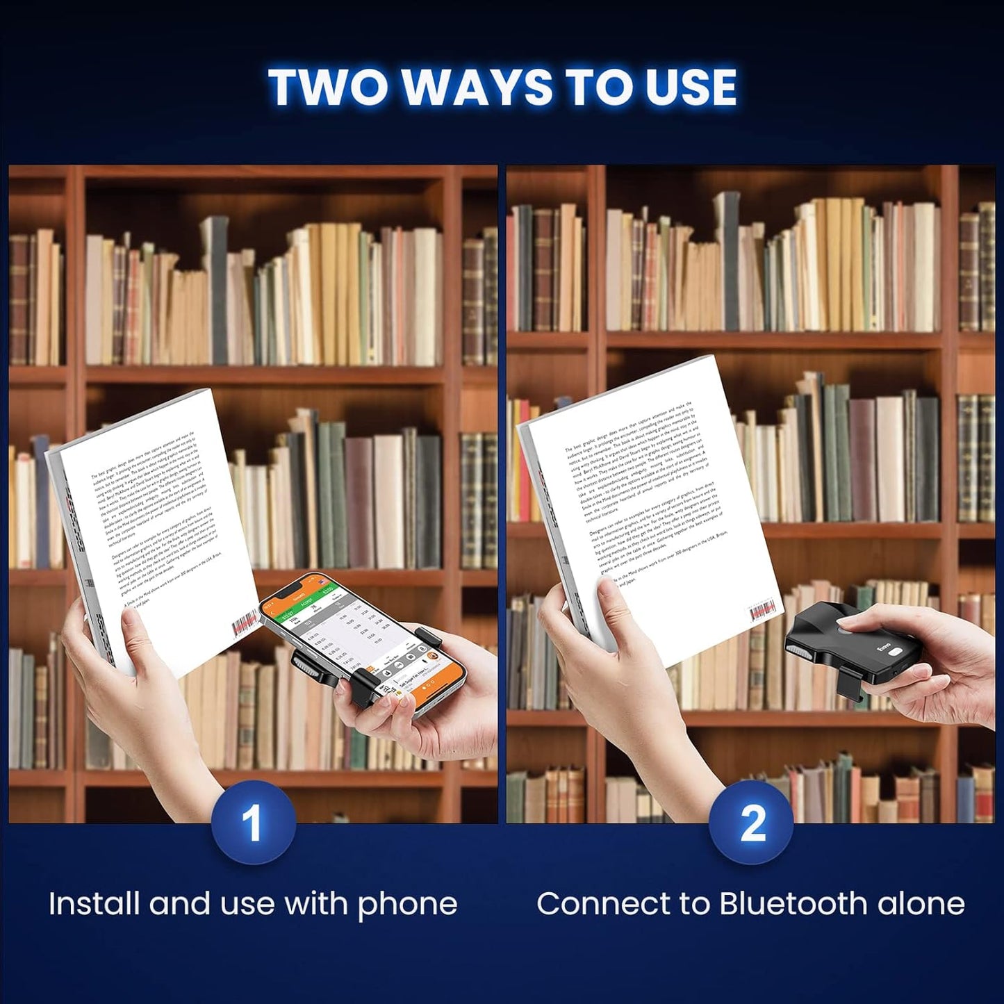 Bluetooth QR Code Scanner, 2D Wireless Back Clip Phone UPC USB Barcode Scanner Reader with Battery Level Indicator Compatible with 4.7"-7.2" Android Phone, iPhone for Book Library Inventory