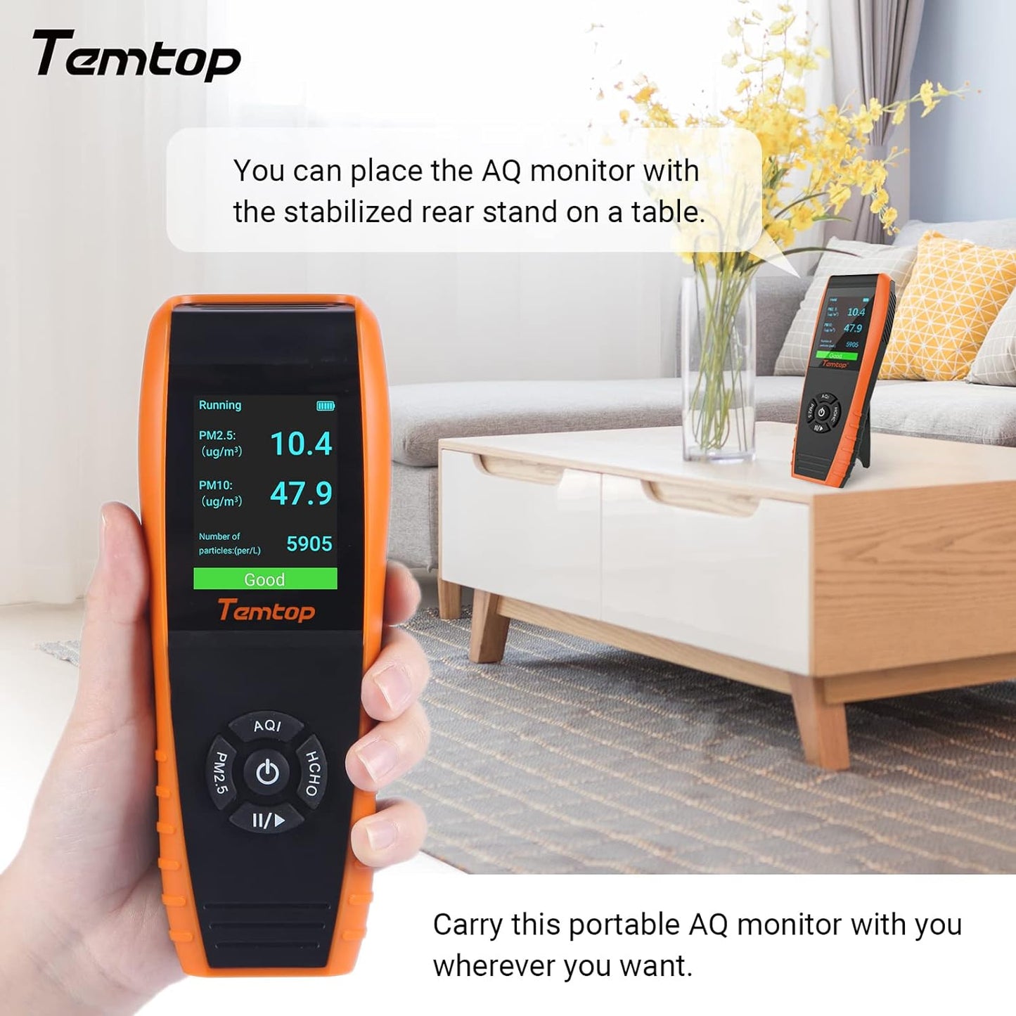 Temtop Air Quality Monitor Professional PM2.5 PM10 Meter Temperature and Humidity Formaldehyde Tester Indoor Outdoor TVOC AQI Air Pollution Detector (LKC1000S+)