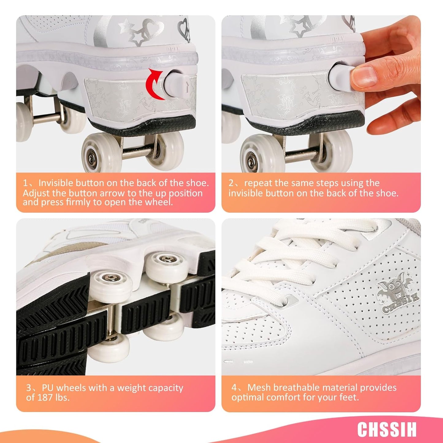 Roller Skates for Women Outdoor,Parkour Shoes with Wheels for Girls/Boys,Kick Rollers Shoes Retractable Adults/Kids,Quad Roller Skates Men,Unisex Skating Shoes Recreation Sneakers,White4-6.5US
