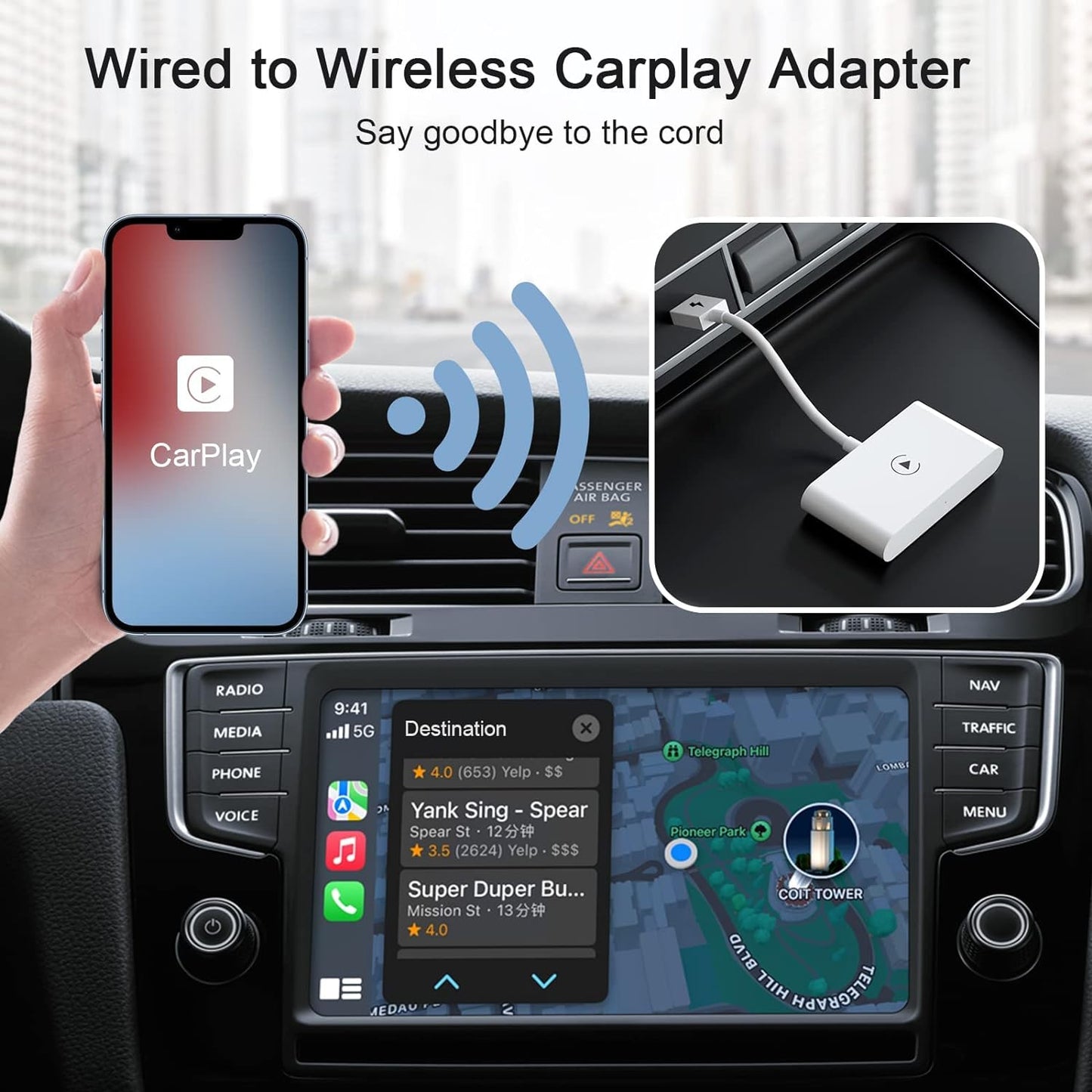 Wireless CarPlay Adapter for iPhone, Wireless Carplay Dongle Converts Factory Cars Wired Carplay to Wireless, Carplay Bluetooth Adapter, 5Ghz WiFi Auto-Connect Online Update, Support iOS 13+, White