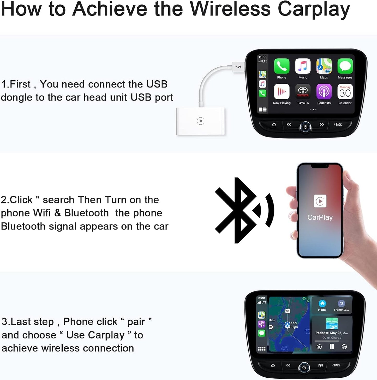 Wireless CarPlay Adapter for iPhone, Wireless Carplay Dongle Converts Factory Cars Wired Carplay to Wireless, Carplay Bluetooth Adapter, 5Ghz WiFi Auto-Connect Online Update, Support iOS 13+, White